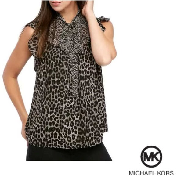 Michael Kors Tops - Michael Kors Tie Neck Mix Cheetah Print Blouse Size XXL Black & Gray